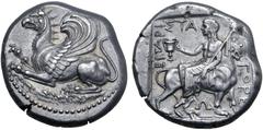 Greek Thrace, Abdera AR Stater. Circa 411-385 BC. Magistrate, Aristagores. Griffin springing to left / Dionysos seated to left on back of panther advancing to right, holding kantharos and thyrsos; EΠ 