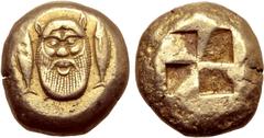 Greek Mysia, Kyzikos EL Stater. Circa 500-450 BC. Head of Silenos facing; tunny fish upward to either side / Quadripartite incuse square. CNG 75, 23 May 2007, lot 336; cf. Von Fritze I 77 (fractions);