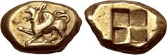 Greek Mysia, Kyzikos EL Stater. Circa 500-450 BC. Roaring griffin standing to left on tunny fish, right foreleg raised and tongue protruding / Quadripartite incuse square. Von Fritze I 99; SNG BnF 239