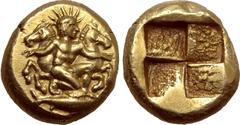 Greek Mysia, Kyzikos EL Hekte. Circa 450-350 BC. Helios, radiate, crouching nude to right, holding the reins of two horses, the foreparts of which are visible facing to left and right behind him; tunn