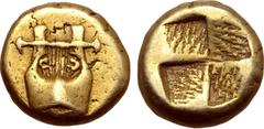 Greek Mysia, Kyzikos EL Hemihekte - 1/12 Stater. Circa 500-450 BC. Kithara; [tunny fish to right below] / Quadripartite incuse square. Cf. Von Fritze I 181 (unlisted denomination); SNG BnF 325; cf. Bo