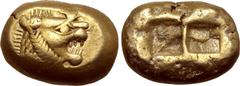 Greek Kingdom of Lydia, Alyattes EL Trite - 1/3 Stater. Sardes, circa 600-561 BC. Head of roaring lion to right, sunburst with five rays on forehead / Two incuse square punches. GRPC Lydia G25; Weidau