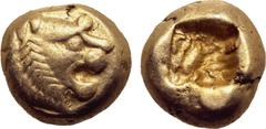 Greek Kingdom of Lydia, Alyattes EL Hemihekte - 1/12 Stater. Sardes, circa 600-561 BC. Head of roaring lion to right, sunburst on forehead / Incuse square punch. GRPC Lydia G30; Weidauer group XVI, 90