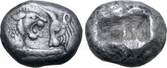 Greek Kingdom of Lydia, Kroisos AR Stater - Double Siglos. Sardes, circa 561-546 BC. Confronted foreparts of lion to right and bull to left / Two incuse squares of unequal size. GRPC Lydia S1; Berk 20