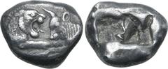 Greek Kingdom of Lydia, Kroisos AR Siglos. Sardes, circa 561-564 BC. Confronted foreparts of lion to right and bull to left / Two incuse square punches of unequal size. GRPC Lydia S3; Rosen 663-5; SNG