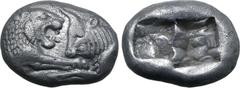 Greek Kingdom of Lydia, Kroisos AR 1/3 Stater. Sardes, circa 561-546 BC. Confronted foreparts of lion to right and bull to left / Two irregular incuse squares. GRPC Lydia S5; SNG Keckman 359; Boston M