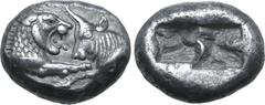Greek Kingdom of Lydia, Kroisos AR 1/3 Stater. Sardes, circa 561-546 BC. Confronted foreparts of lion to right and bull to left / Two irregular incuse squares. GRPC Lydia S5; SNG Keckman 359; Boston M