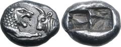 Greek Kingdom of Lydia, Kroisos AR 1/6 Stater. Sardes, circa 561-546 BC. Confronted foreparts of lion to right and bull to left / Two incuse square punches of unequal size. GRPC Lydia S6; Rosen 667; S