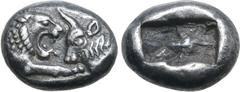 Greek Kingdom of Lydia, Kroisos AR 1/6 Stater. Sardes, circa 561-546 BC. Confronted foreparts of lion to right and bull to left / Two incuse square punches of unequal size. GRPC Lydia S6; Rosen 667; S