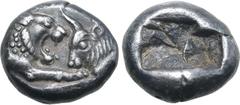 Greek Kingdom of Lydia, Kroisos AR 1/6 Stater. Sardes, circa 561-546 BC. Confronted foreparts of lion to right and bull to left / Two incuse square punches of unequal size. GRPC Lydia S6; Rosen 667; S