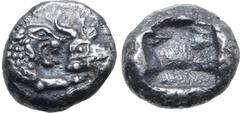 Greek Kingdom of Lydia, Kroisos AR 1/12 Stater. Sardes, circa 561-546 BC. Confronted foreparts of lion to right and bull to left / Incuse square. GRPC Lydia S8; SNG Kayhan 1020-21; SNG von Aulock 2880