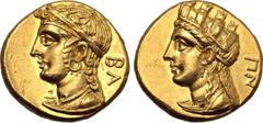 Greek Cyprus, Salamis AV Stater. Pnytagoras, circa 351-332 BC. Diademed head of Aphrodite(?) to left; BA behind / Turreted head of Aphrodite to left; ΠN behind. Tziambazis 132; BMC 76; Gulbenkian 813;