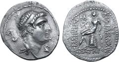 Greek Seleukid Empire, Demetrios I Soter AR Tetradrachm. Ekbatana, circa 162-150 BC. Diademed head to right; before, head of horse to right; all within fillet border / Apollo seated to left on omphalo