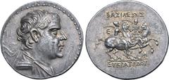 Greek Greco-Baktrian Kingdom, Eukratides I Megas AR Pentadrachm. Circa 171-145 BC. Attic standard. Diademed and draped bust to right / The Dioskouroi on horses prancing to right, each holding spear an