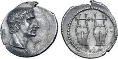 Roman Provincial Augustus AR Drachm of Masicytus, Lycia. Circa 27-20 BC. Bare head of Augustus assimilating features of Agrippa to right; Λ-Y across fields / Two citharas; MA below. RPC I 3309c; SNG v