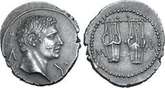 Roman Provincial Augustus AR Drachm of Masicytus, Lycia. Circa 27-20 BC. Bare head of Augustus assimilating features of Agrippa to right; Λ-Υ across fields / Two citharas, pellet between, M-A across o