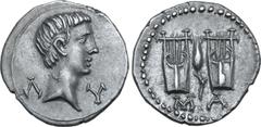 Roman Provincial Augustus AR Drachm of Masicytus, Lycia. Circa 27-20 BC. Bare head to right; Λ-Y flanking / Two citharas, grain ear between; MA below. RPC I 3309c.1; Troxell, Lycian League, Period IV,