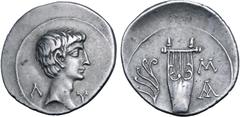 Roman Provincial Augustus AR Drachm of Masicytus, Lycia. Circa 27-20 BC. Bare head to right; Λ-Y flanking / Cithara; aplustre in left field, M above A in right field. RPC I, 3308A (additional coin-typ
