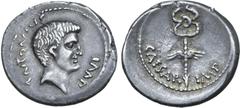 McCabe Marc Antony AR Denarius. Struck under Octavian, southern or central Italian mint, late 40-early 39 BC. Bare head to right; ANTONIVS upwards to left, IMP downwards to right / Winged caduceus; CA