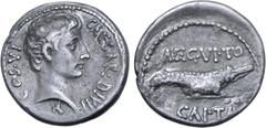 McCabe Octavian AR Denarius. Uncertain mint, 28 BC. CAESAR • DIVI • F COS • VI, bare head to right; capricorn to right below bust truncation / AEGYPTO CAPTA in two lines, crocodile to right between. R