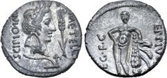Vogelberg Q. Caecilius Metellus Pius Scipio AR Denarius. Military mint travelling with Scipio in Africa, 47-46 BC. Eppius, legate. Head of Africa to right, wearing elephant skin headdress; grain ear b