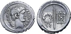 Vogelberg Marcus Arrius Secundus AR Denarius. Rome, 41 BC. Young, bare, male head to right, with slight beard (Octavian or Quintus Arrius?); M•ARRIVS upwards behind, SECVNDVS downwards before / Hasta 