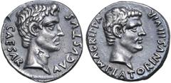 Vogelberg Augustus, with Agrippa, AR Denarius. Rome, 13 BC. C. Sulpicius Platorinus, moneyer. CAESAR AVGVSTVS, bare head of Augustus to right / M AGRIPPA PLATORINVS III VIR, bare head of Agrippa to ri