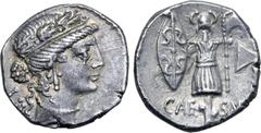 Roman Imperatorial Julius Caesar AR Denarius. Military mint travelling with Caesar, 48-47 BC. Diademed female head to right, wearing oak-wreath; LII (Caesar's age) behind / Trophy of Gallic arms, wear