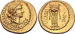 Roman Imperatorial C. Cassius Longinus AV Aureus. Military mint (Smyrna?), spring 42 BC. Diademed head of Libertas to right; M•AQVINVS•LEG•LIBERTAS (TA ligate) around / Tripod surmounted by cortina an