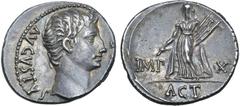 Roman Imperial Augustus AR Denarius. Lugdunum, 15 BC. AVGVSTVS [DIVI•F], bare head to right / Apollo Citharoedus of Actium standing to left, holding plectrum and lyre; IMP-X across fields, ACT in exer