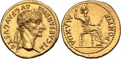 Roman Imperial Tiberius AV Aureus. Lugdunum, AD 14-37. TI CAESAR DIVI AVG F AVGVSTVS, laureate head to right / PONTIF MAXIM, Livia, as Pax, seated to right on throne with ornamented legs, holding scep