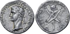 Roman Imperial Nero Claudius Drusus (father of Claudius) AR Denarius. Rome, circa AD 41-45. NERO CLAVDIVS DRVSVS GERMANICVS IMP, laureate head to left / DE GERMANIS, two oblong shields crossed, over v
