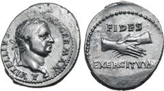 Roman Imperial Vitellius AR Denarius. Lugdunum, AD 69. A VITELLIVS IMP GERMAN, laureate head of Vitellius to right, with globe at point of bust / FIDES EXERCITVVM, clasped hands. RIC I 53; BMCRE 114; 