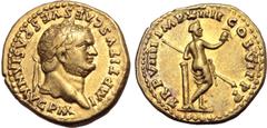 Roman Imperial Titus AV Aureus. Rome, AD 79. IMP TITVS CAES VESPASIAN AVG P M, laureate head to right / TR P VIIII IMP XIIII COS VII P P, Venus standing to right, resting on column, holding helmet and