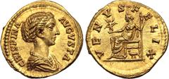 Roman Imperial Crispina (wife of Commodus) AV Aureus. Rome, AD 180-183. CRISPINA AVGVSTA, draped bust to right / VENVS•FELIX, Venus seated to left, holding Cupid, who grasps open diadem, and sceptre; 