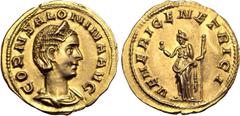 Roman Imperial Salonina (wife of Gallienus) AV Aureus. Viminacium, AD 256-257. CORN SALONINA AVG, diademed and draped bust to right / VENERI GENETRICI, Venus standing to left, holding apple and sceptr