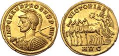Roman Imperial Probus AV Aureus. Serdica, AD 276-282. IMP C M AVR PROBVS P AVG, helmeted and cuirassed bust to left, holding spear and shield / VICTORIAE AVG, Victory driving slow quadriga to left, ho