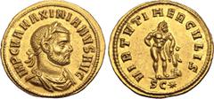 Roman Imperial Maximian AV Aureus. Cyzicus, AD 286-287. IMP C M A MAXIMIANVS AVG, laureate, draped and cuirassed bust to right / VIRTVTI HERCVLIS, Hercules standing facing, head to right, leaning on c