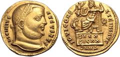 Roman Imperial Licinius I AV Aureus. Nicomedia, AD 317. LICINIVS AVGVSTVS, laureate head to right / IOVI CONS LICINI AVG, laureate and bearded Jupiter, enthroned to left, holding sceptre, Victory on g