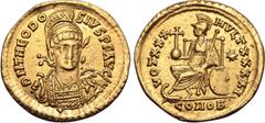 Maritime Theodosius II AV Solidus. Constantinople, AD 430-440. D N THEODOSIVS P F AVG, pearl-diademed, helmeted, draped and cuirassed bust facing slightly to right, holding spear and shield decorated 