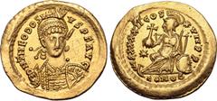 Maritime Theodosius II AV Solidus. Constantinople, AD 441-450. D N THEODOSIVS P F • AVG, pearl-diademed, helmeted, draped and cuirassed bust facing slightly to right, holding spear and shield decorate