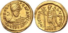 Maritime Zeno AV Solidus. Unidentified imperial mint, AD 476-491. D N ZENO PERP AVG, helmeted, pearl-diademed and cuirassed bust facing, holding spear and shield decorated with horseman and fallen ene
