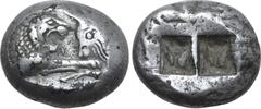 VECCHI Kingdom of Lydia, Kroisos AR Stater - Double Siglos. Sardes, circa 561-546 BC. Confronted foreparts of lion to right and bull to left / Two incuse squares of unequal size. GRPC Lydia S1; Berk 2