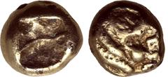 Greek Kingdom of Lydia, Alyattes Fourrée Hemihekte - 1/12 Stater. Sardes, circa 610-600 BC. Head of lion with open jaws to right facing [head of lion with open jaws to left]; [VAL]VEL in Lydian script