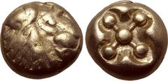 Greek Kingdom of Lydia, Alyattes EL Hemihekte - 1/12 Stater. Sardes, circa 600-561 BC. Head of roaring lion to right, sunburst on forehead / Incuse square punch. GRPC Lydia G30; Weidauer group XVI, 90