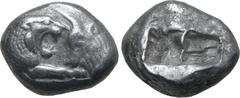 Greek Kingdom of Lydia, Kroisos AR Stater - Double Siglos. Sardes, circa 561-546 BC. Confronted foreparts of lion to right and bull to left / Two incuse squares of unequal size. GRPC Lydia S1; Berk 20