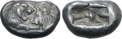 Greek Kingdom of Lydia, Kroisos AR 1/3 Stater. Sardes, circa 561-546 BC. Confronted foreparts of lion to right and bull to left / Two incuse squares of unequal size. GRPC Lydia S5; SNG Keckman 359; Bo