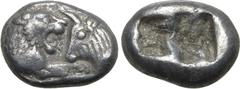 Greek Kingdom of Lydia, Kroisos AR 1/6 Stater. Sardes, circa 561-546 BC. Confronted foreparts of lion to right and bull to left / Two incuse square punches of unequal size. GRPC Lydia S6; Rosen 667; S