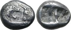 Greek Kingdom of Lydia, Kroisos AR 1/6 Stater. Sardes, circa 561-546 BC. Confronted foreparts of lion to right and bull to left / Two incuse square punches of unequal size. GRPC Lydia S6; Rosen 667; S