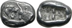 Greek Kingdom of Lydia, Kroisos AR 1/6 Stater. Sardes, circa 561-546 BC. Confronted foreparts of lion to right and bull to left / Two incuse square punches of unequal size. GRPC Lydia S6; Rosen 667; S